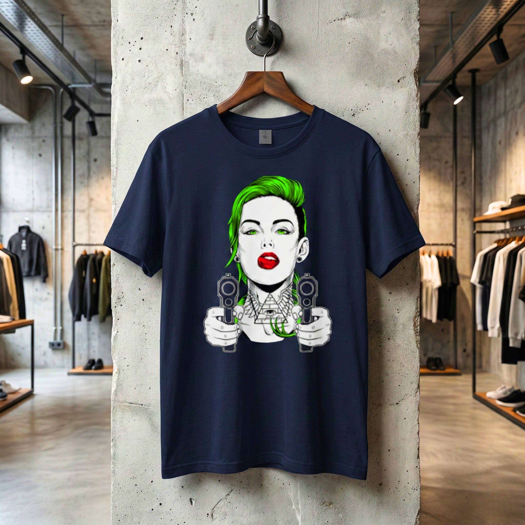 Ciemnogranatowa koszulka unisex z wyrazistym nadrukiem w stylu urban art, prezentowana na drewnianym wieszaku w nowoczesnym wnętrzu butiku. Grafika przedstawia kobietę z neonowozielonymi włosami i czerwonymi ustami, trzymającą dwa pistolety skierowane do przodu. Projekt łączy estetykę pop art z tatuażowymi detalami, takimi jak motyw piramidy na szyi postaci.