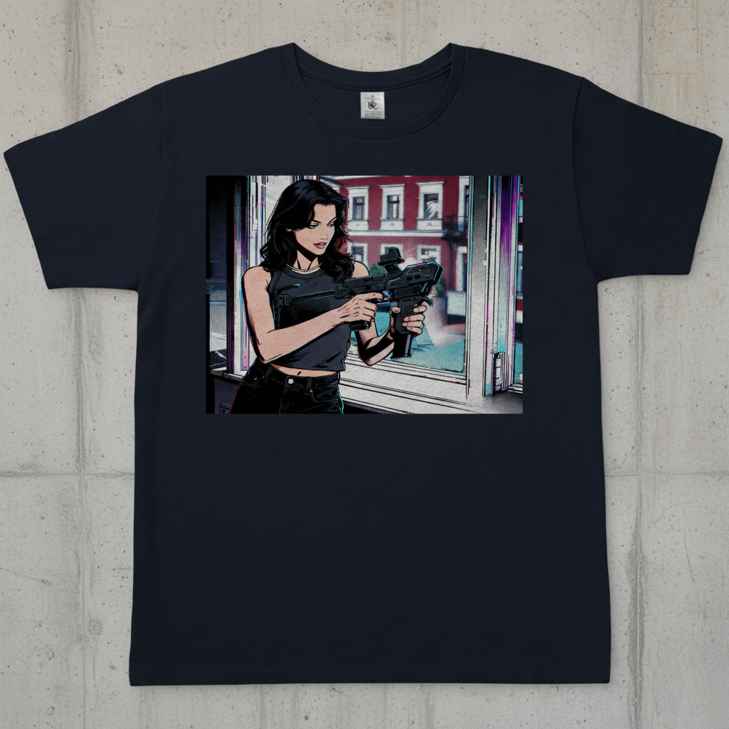 Grafika w stylu komiksowym na czarnej koszulce, przedstawiająca kobietę z repliką ASG przy oknie, z widokiem na czerwoną kamienicę w tle.