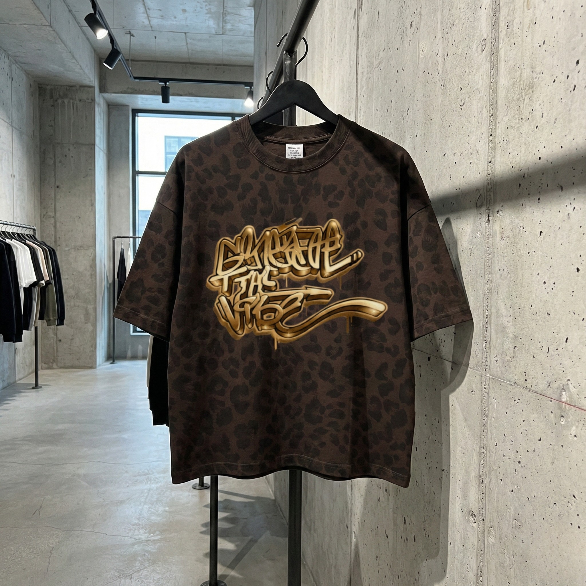 Brązowy, luźny T-shirt z ciemnym wzorem pantery i dużym złotym napisem w stylu graffiti 'SPREAD THE VIBE' na piersi, wiszący na czarnym wieszaku w nowoczesnym sklepie odzieżowym o industrialnym wystroju. Koszulka jest prezentowana na metalowej rurce na tle surowej, betonowej ściany. W tle widać inne wieszaki z ubraniami, betonową podłogę i duże okno.