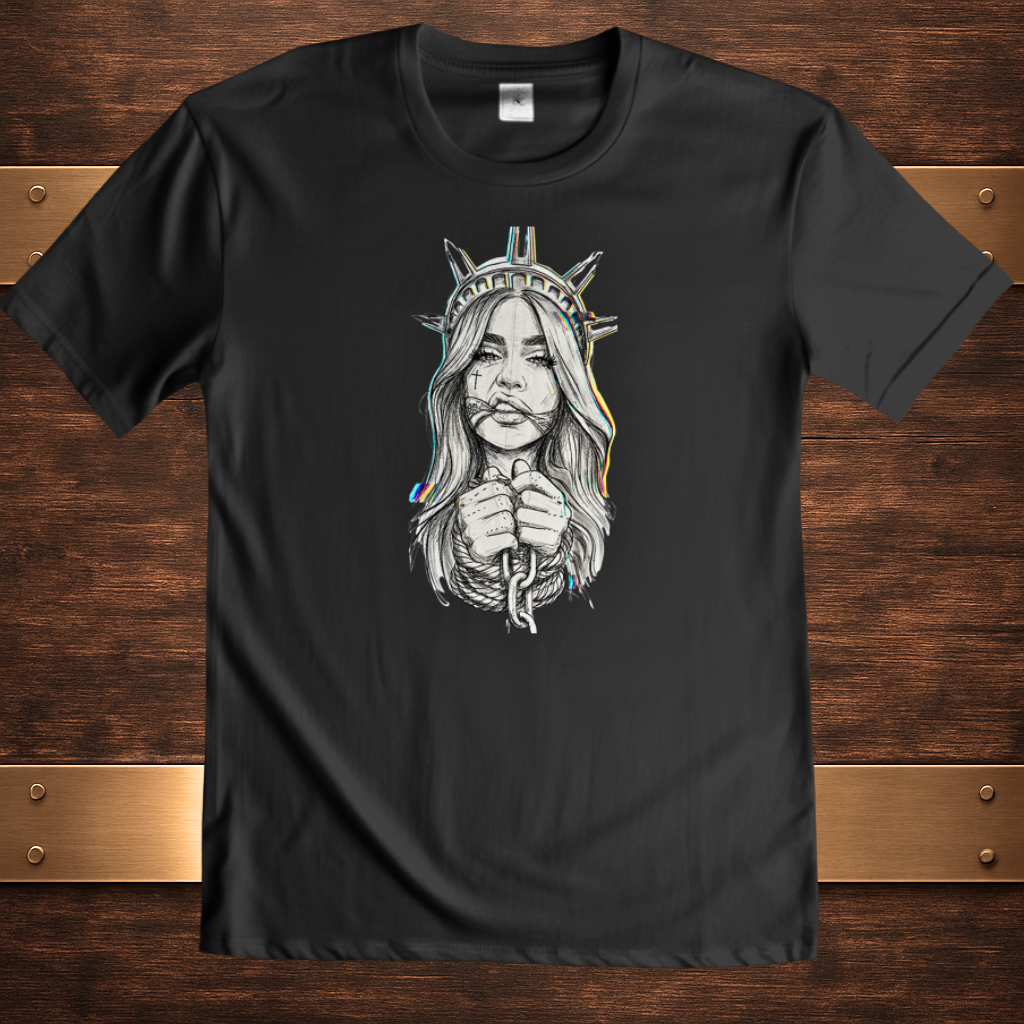 Czarna koszulka graficzna Glitched Liberty, cyberpunkowy nadruk Statua Wolności, setup biurkowy vintage metal i drewno.
