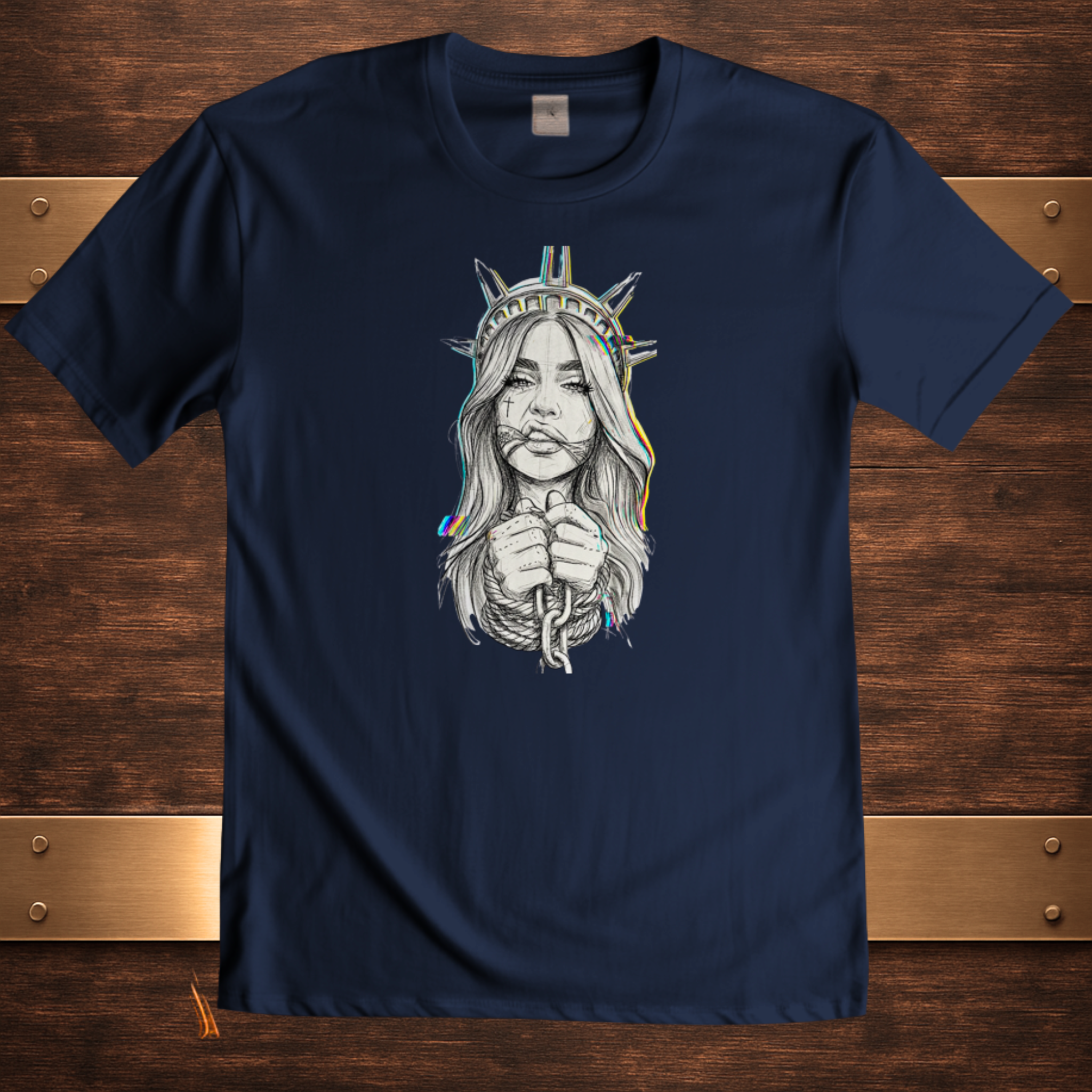 Granatowa koszulka streetwear Glitched Liberty na drewnianym biurku z metalowymi okuciami, styl urban desktop.