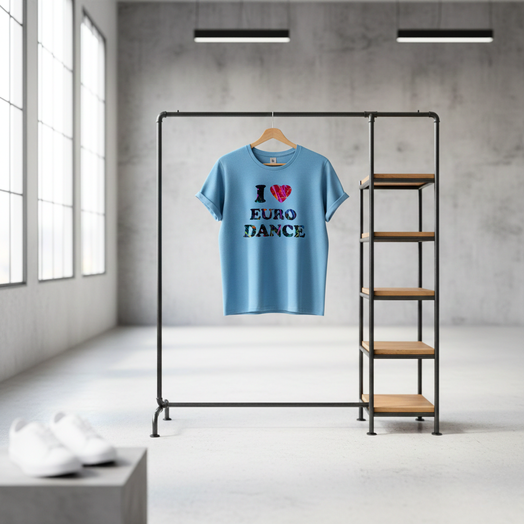 Błękitna koszulka z napisem "I ❤️ EURO DANCE" wypełnionym kolorowym motywem w stylu urban art, zawieszona na drewnianym wieszaku na tle surowego, żelbetowego filaru w luksusowym, industrialnym salonie mody streetwear.