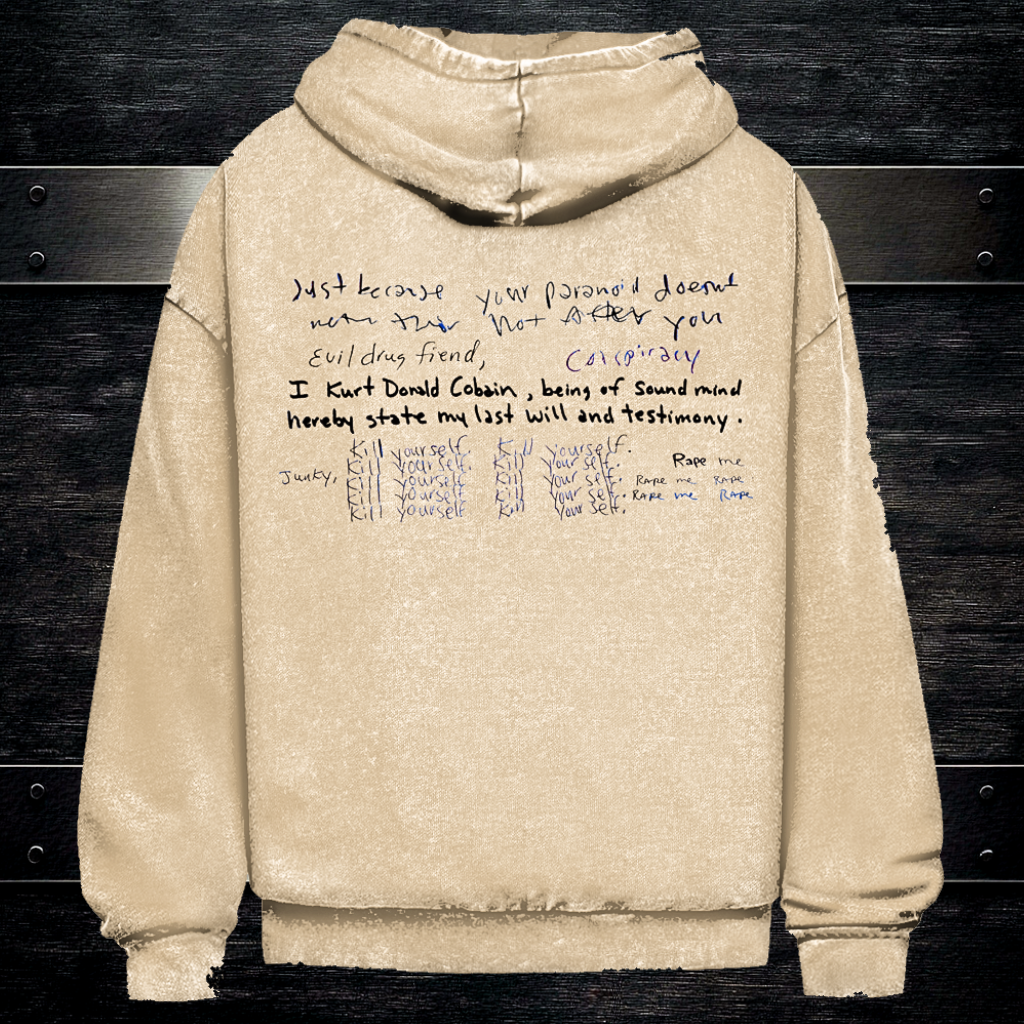 Tył beżowej bluzy streetwear z graficznym nadrukiem listu Kurta Cobaina, styl vintage grunge.