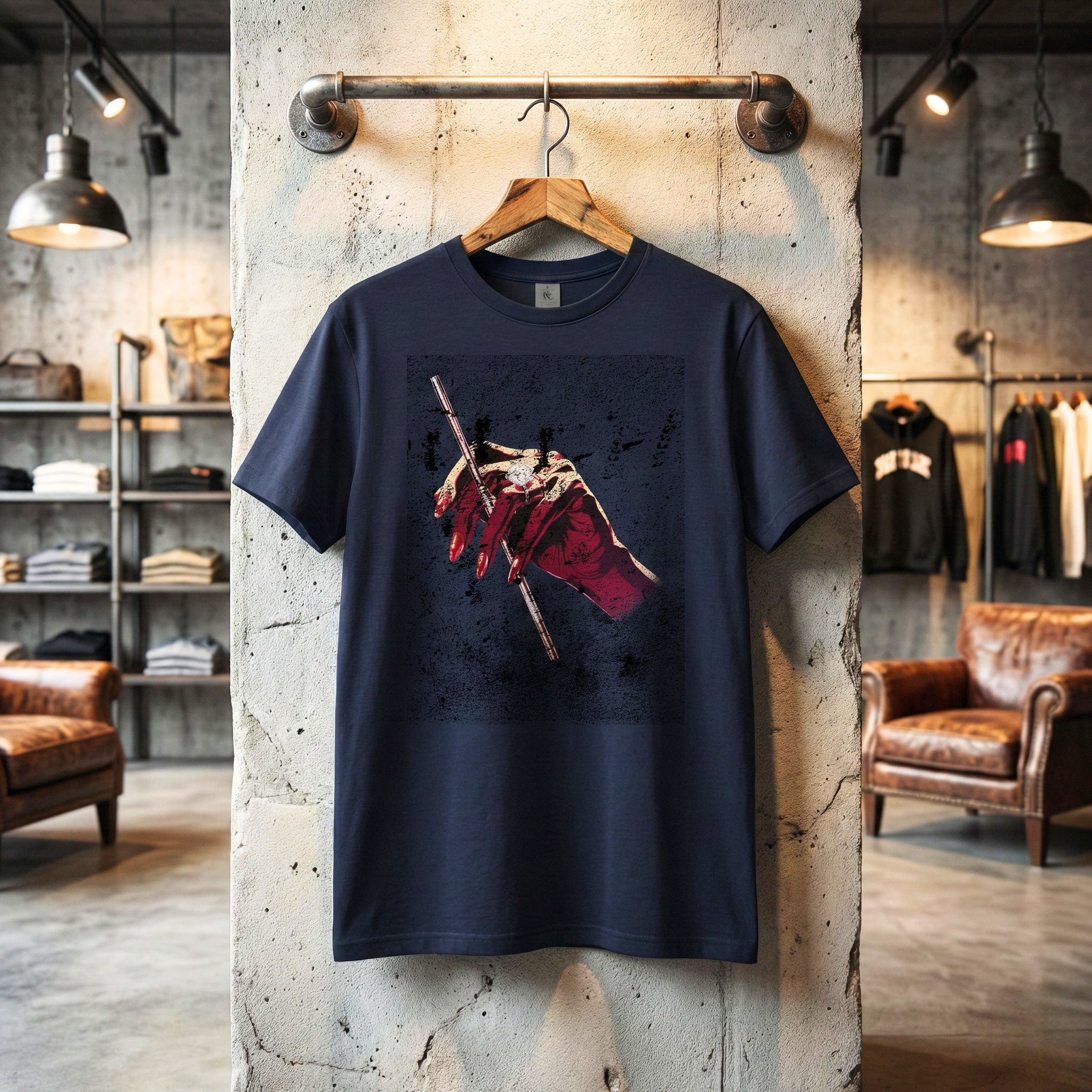 Ciemnogranatowa koszulka typu t-shirt wisząca na drewnianym wieszaku przytwierdzonym do surowego, betonowego filaru w sklepie o wystroju industrialnym. Na środku koszulki znajduje się duży, mroczny nadruk graficzny przedstawiający czerwoną, szkieletową dłoń trzymającą cienką, ozdobną różdżkę na czarnym, ziarnistym tle. W tle widać rozmyte wnętrze sklepu z półkami, ubraniami i skórzanymi fotelami.