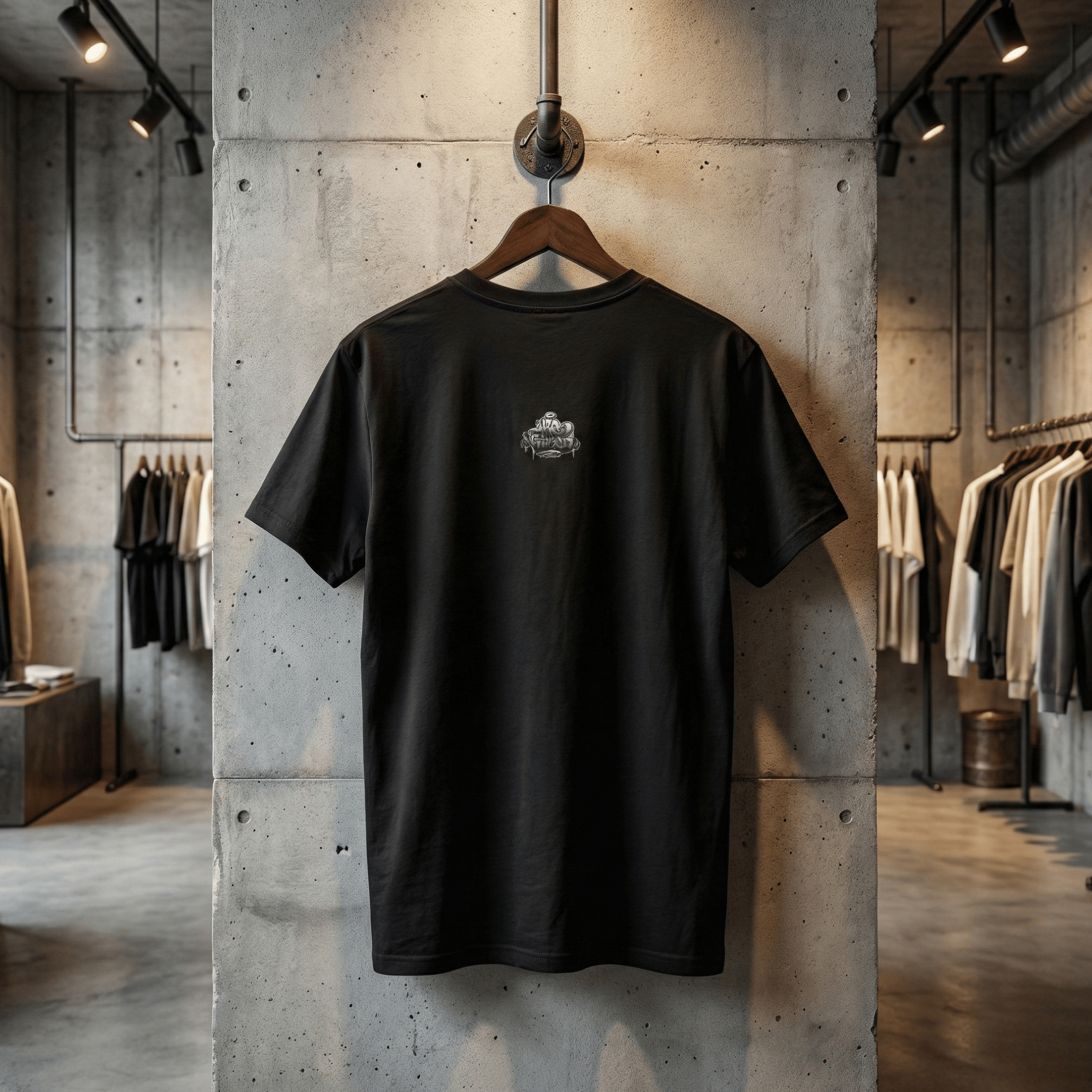 Zbliżenie na uproszczone logo marki Extreme Essentials w formie srebrnego graffiti tagu z efektem 3D, umieszczone na czarnej bawełnianej koszulce.