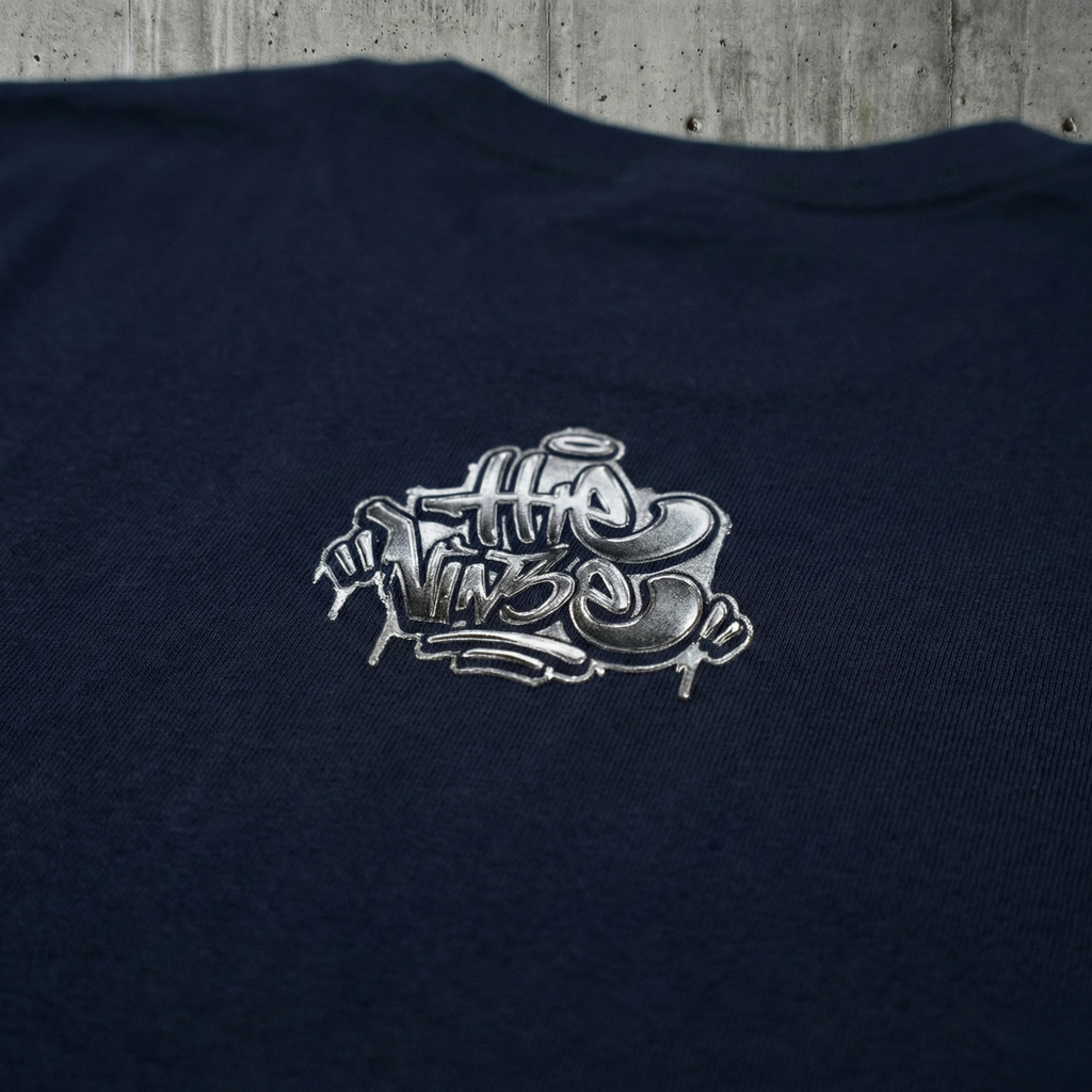 Zbliżenie na uproszczone logo marki Extreme Essentials w formie srebrnego, chromowanego graffiti tagu, umieszczone na granatowej bawełnianej koszulce.