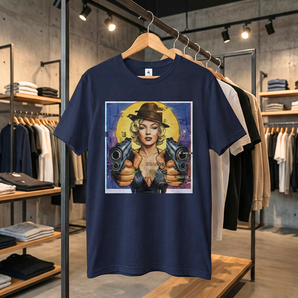 Granatowa koszulka streetwear marki Generate The Vibe zawieszona na drewnianym wieszaku w industrialnym wnętrzu butiku. Na froncie t-shirtu znajduje się wyrazisty nadruk w stylu retro pop-art z efektem usterki (glitch). Grafika przedstawia blondynkę w kapeluszu fedora (przypominającą ikonę kina, Marilyn Monroe), która celuje z dwóch pistoletów bezpośrednio w widza. W tle postaci widoczny jest duży, żółty okrąg.