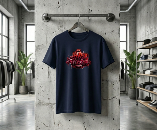 Granatowa koszulka streetwear z czerwoną grafiką graffiti "THE VIBE", wisząca na wieszaku na tle betonowej ściany w industrialnym sklepie odzieżowym.