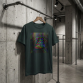 Ciemnozielona koszulka t-shirt wisząca na industrialnym wieszaku, z kolorowym, zniekształconym napisem "SPID WODKA HARDTEKI" w stylu glitch art i neonowych barwach.