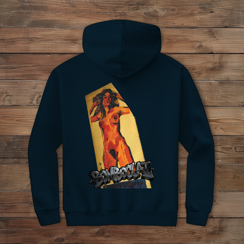 Tył granatowej bluzy z dużym nadrukiem pop-art przedstawiającym postać kobiety na żółtym tle oraz napisem graffiti Bomboclat, seria Vintage Pixels. 🖌️