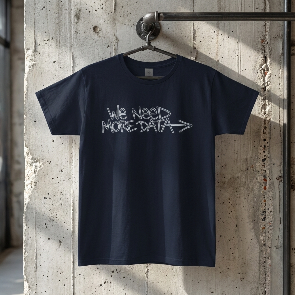 Granatowa koszulka streetwear wisząca na tle surowej betonowej ściany. Na klatce piersiowej znajduje się biały, odręczny nadruk w stylu graffiti: "WE NEED MORE DATA" zakończony strzałką.