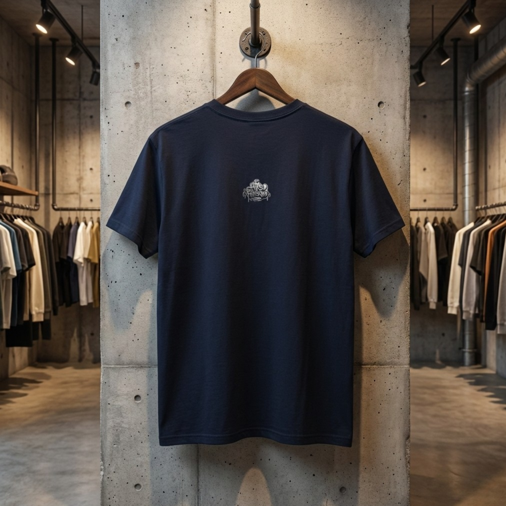 Widok z tyłu granatowej koszulki z kolekcji Extreme Essentials, prezentujący minimalistyczny krój pleców na tle żelbetowej ściany w salonie odzieżowym.