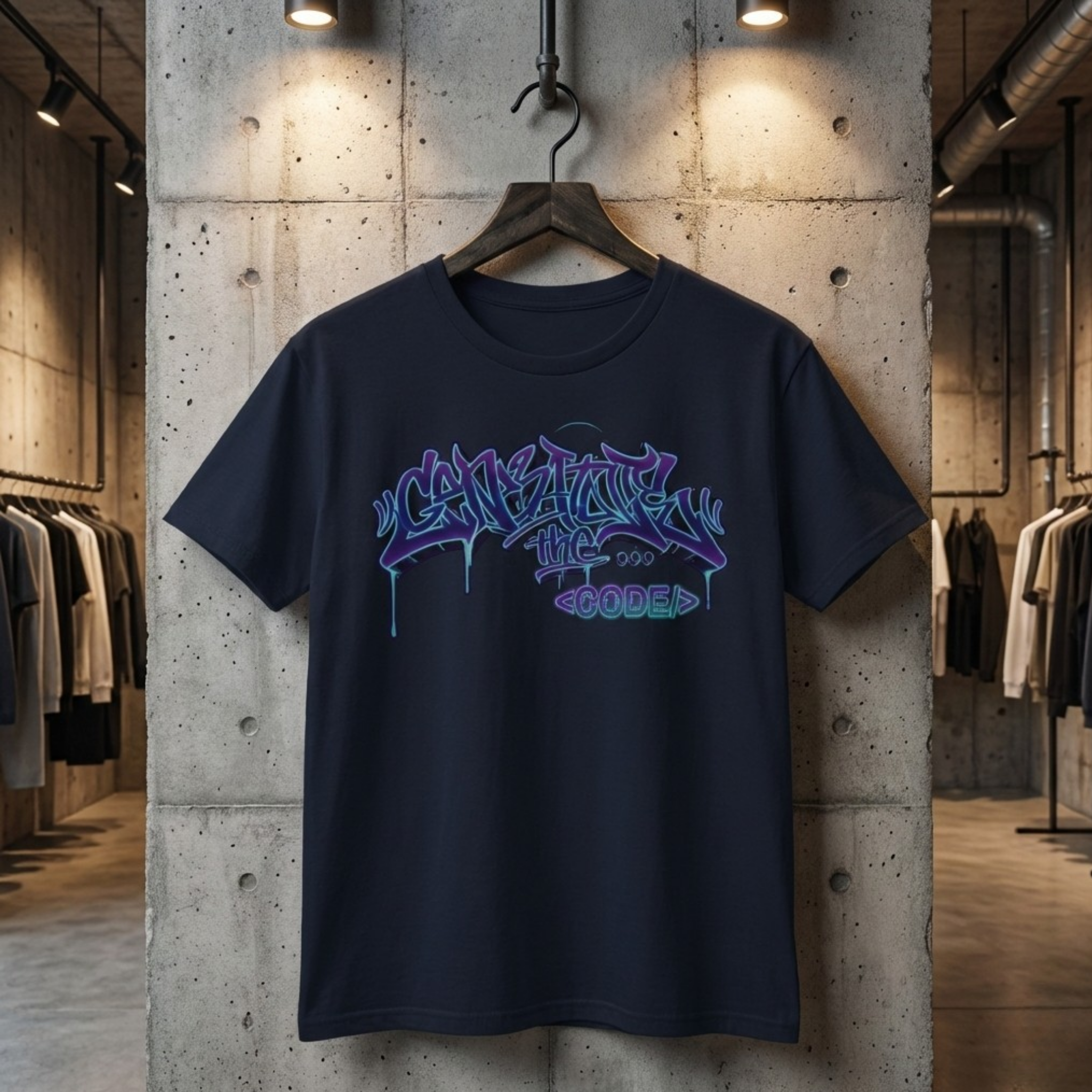 Granatowa koszulka streetwear z neonowym nadrukiem "Generate The Code" w stylu graffiti 3D, wisząca na wieszaku na tle surowej, betonowej ściany industrialnej.