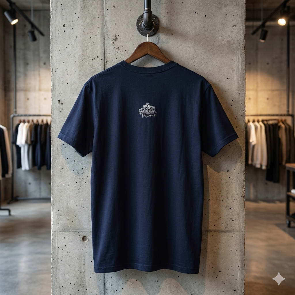 Widok z tyłu granatowej koszulki z kolekcji Extreme Essentials, prezentujący minimalistyczny krój pleców oraz małe, srebrne logo na karku w industrialnym salonie.