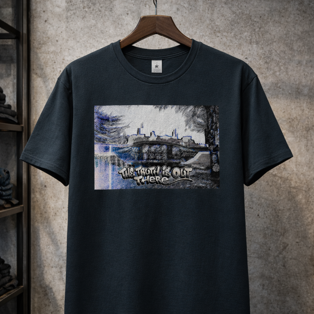 Ciemnoszara koszulka streetwear marki Generate The Vibe zawieszona na drewnianym wieszaku na tle surowej, betonowej ściany w industrialnym wnętrzu. Na froncie t-shirtu znajduje się prostokątny, artystyczny nadruk w chłodnej, niebiesko-szarej tonacji z efektem usterki (glitch). Grafika przedstawia zniekształcony, szkicowany krajobraz, nałożony na który jest wyraźny, stylizowany na graffiti napis "THE TRUTH IS OUT THERE".